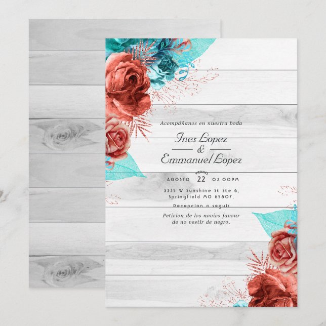 Rustic Turquoise and Coral Floral Wedding Invitation (Front/Back)