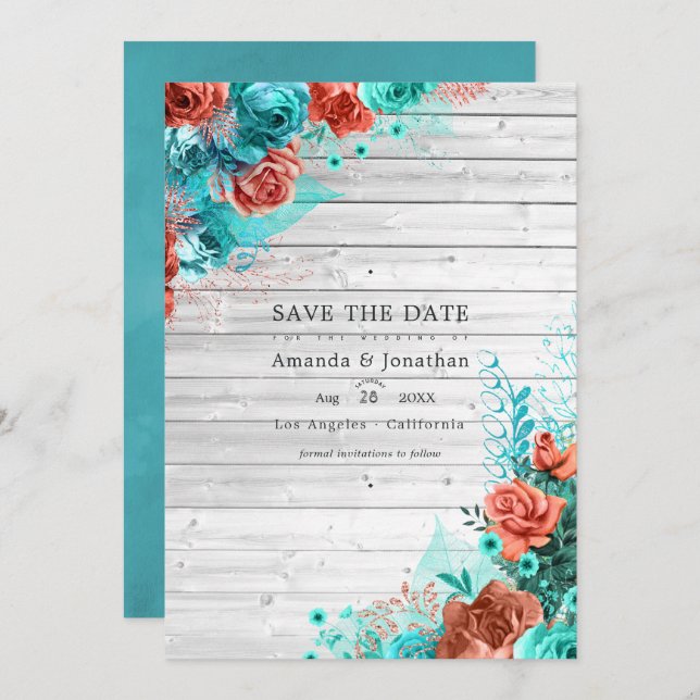 Rustic Turquoise and Coral Rustic Floral Wedding Save The Date (Front/Back)