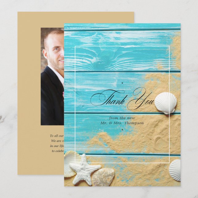 Rustic Turquoise Beach Wedding Photo Thank You Card (Front/Back)