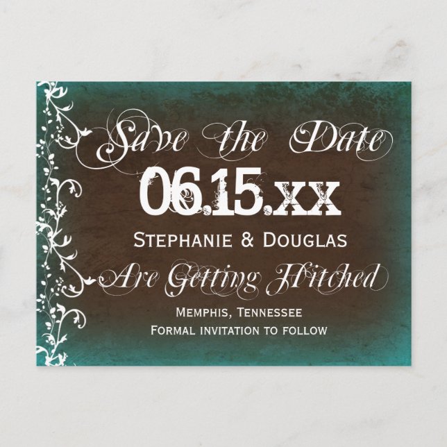 Rustic Turquoise Brown Save the Date Postcards (Front)