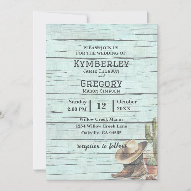 Rustic Turquoise Country Western Boots Hat Invitation (Front)