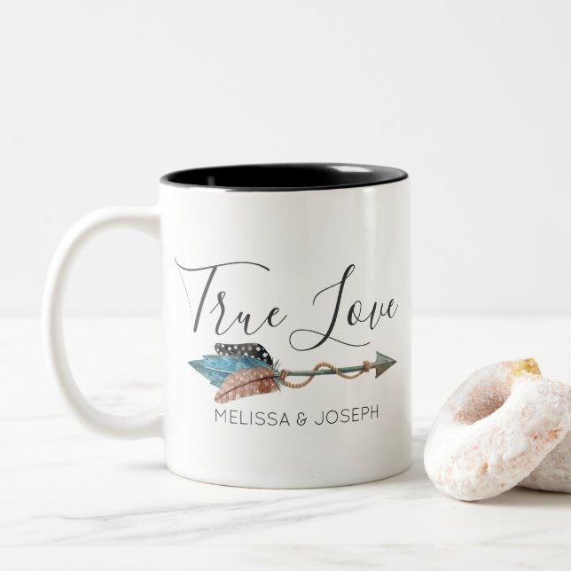 Rustic Turquoise Feather Arrow Boho Chic True Love Two-Tone Coffee Mug (With Donut)