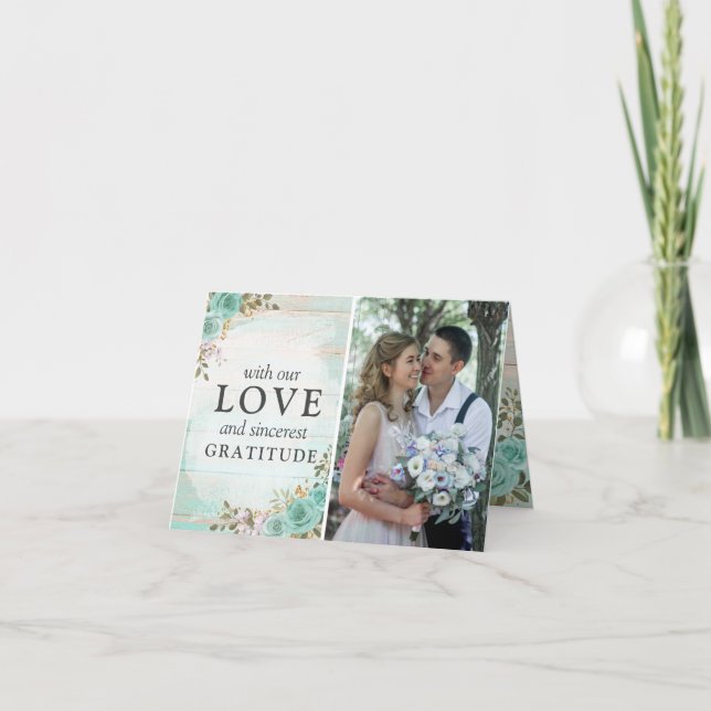 Rustic Turquoise Floral Wedding Thank You 4-Photo Card (Front)