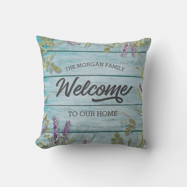 rustic turquoise floral welcome family  cushion (Front)