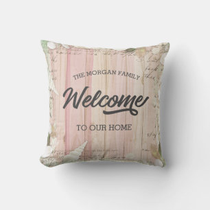 rustic turquoise floral welcome family cushion