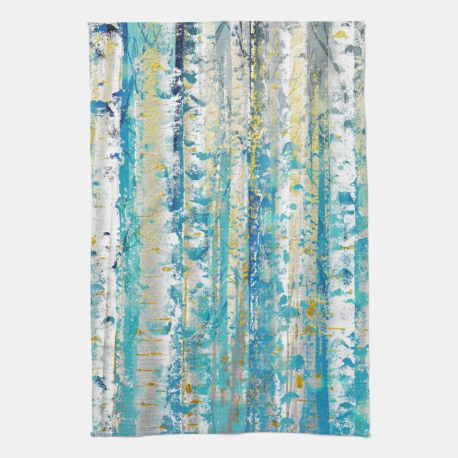 Rustic Turquoise Grey and Gold Birch Trees Tea Towel (Vertical)