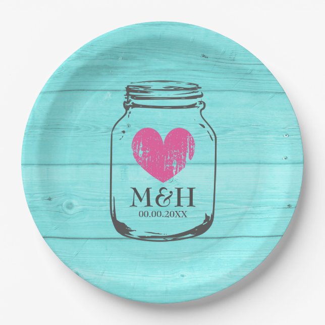 Rustic turquoise mason jar wedding party plates (Front)