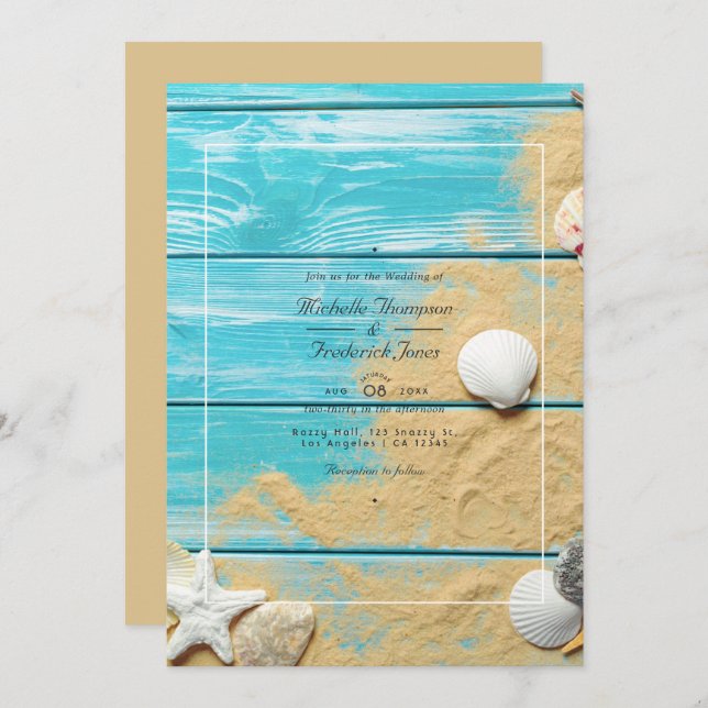 Rustic Turquoise QR Code RSVP Beach Wedding Invitation (Front/Back)