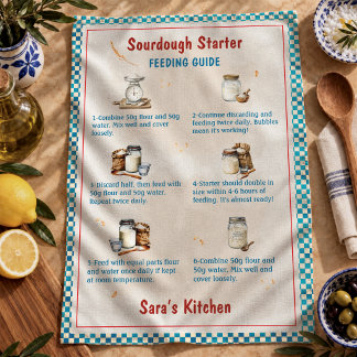 Rustic Turquoise Vintage Sourdough Feeding Guide Tea Towel