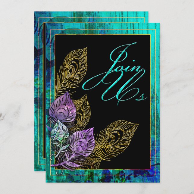 Rustic Turquoise Wood and Peacock Feather Invitation (Front/Back)