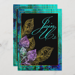 Rustic Turquoise Wood and Peacock Feather Invitation
