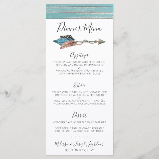 Rustic Turquoise Wood Boho Feather Dinner Menu (Front)