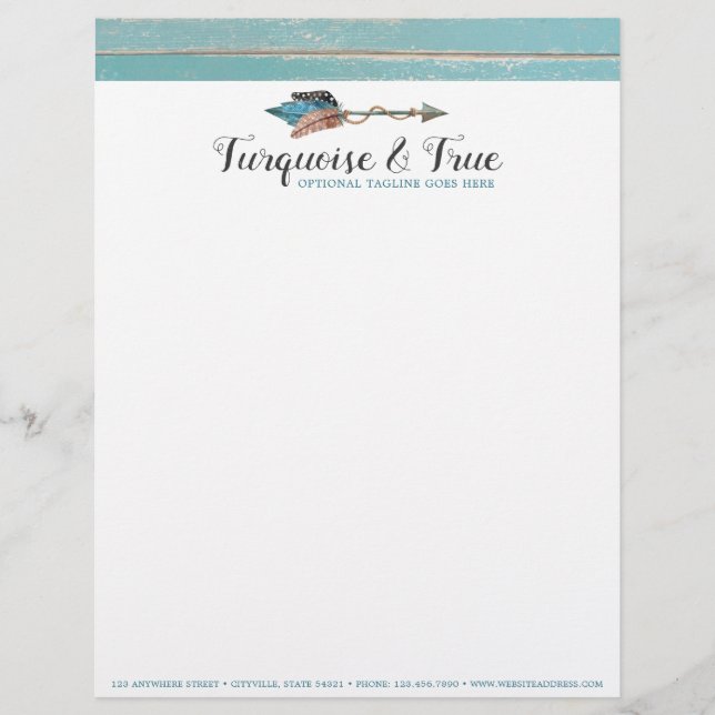 Rustic Turquoise Wood & Feather Arrow Boho Chic Custom Letterhead (Front)