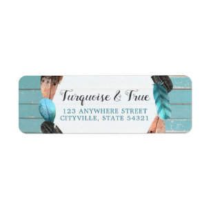 Rustic Turquoise Wood Feather Boho Return Address Label