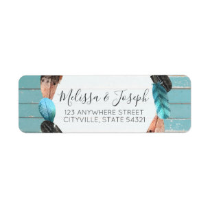Rustic Turquoise Wood Feather Boho Return Address Label