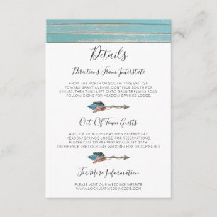 Rustic Turquoise Wood Feather Details / Directions Enclosure Card