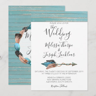 Rustic Turquoise Wood Feathers Wedding Invitation