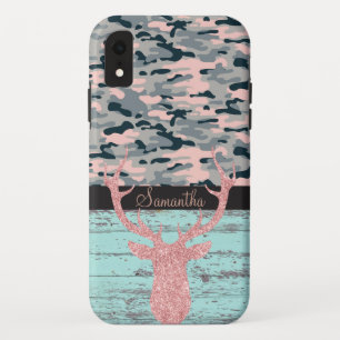 Rustic Turquoise Wood Pink Antler Camo iPhone XR Case