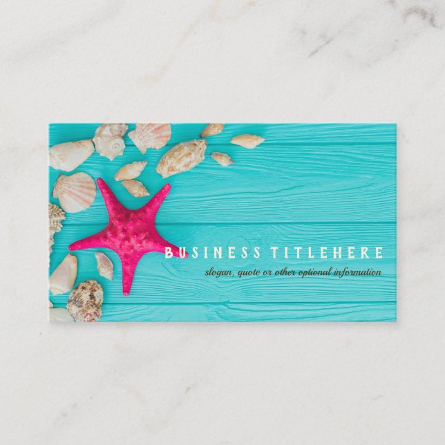 Rustic Turquoise Wood Seashells Hot Pink Starfish Business Card (Front)