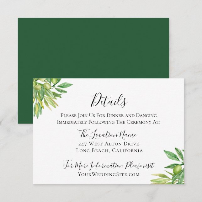 Rustic Tuscan Olive Branch Wedding Details Invitation (Front/Back)