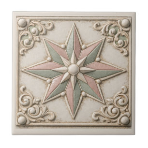 Rustic Tuscan Sage Green and Blush Star Ceramic Tile