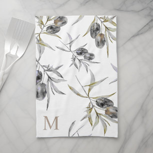 Rustic Tuscan Watercolor Olive Branch Monogram Tea Towel