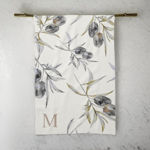 Rustic Tuscan Watercolor Olive Branch Monogram Tea Towel