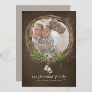 Rustic Twig And Bells Christmas Wreath Holiday Card