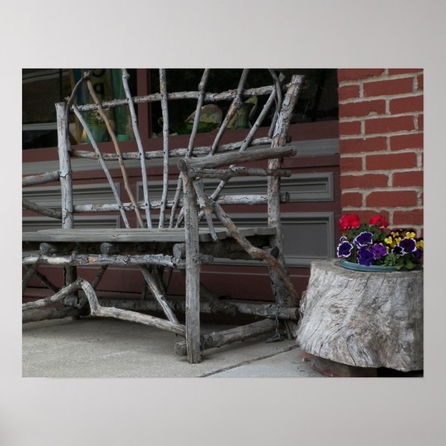 Rustic Twig Bench & Flowers Poster (Front)