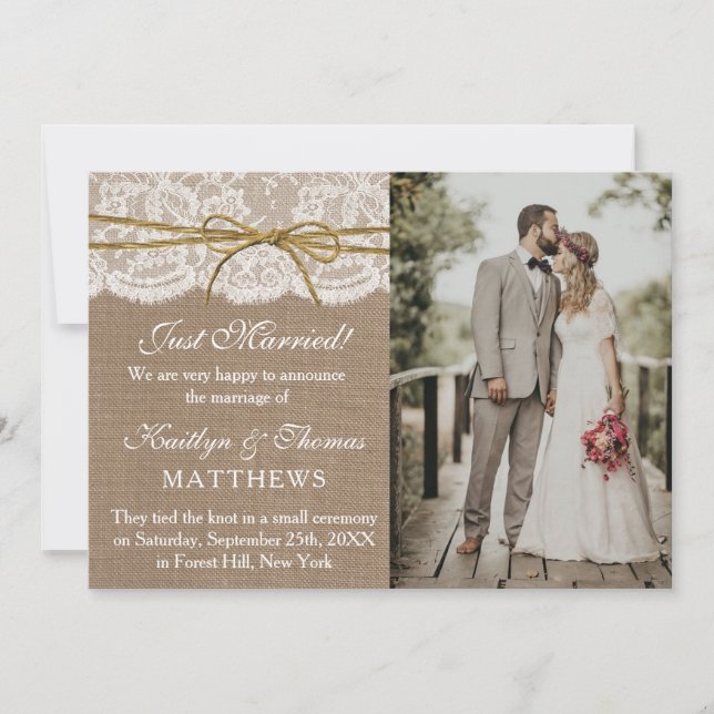 Rustic Twine Bow Wedding Photo Marriage Announcement (Front)