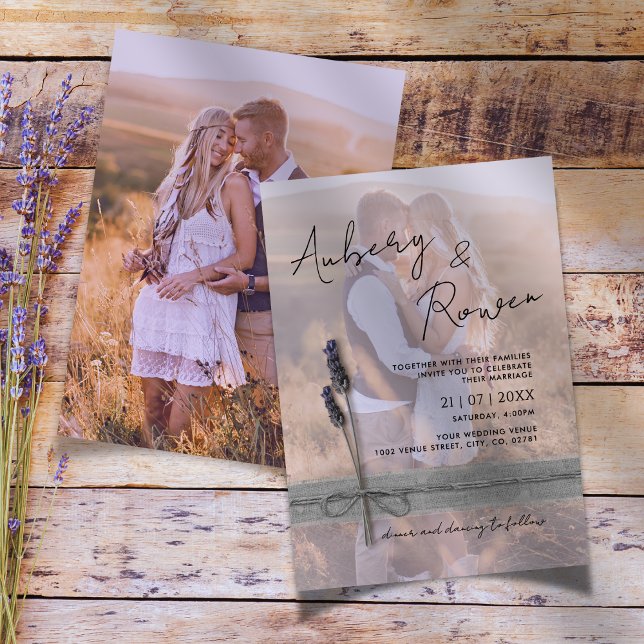 Rustic Twine Burlap Lavender Boho Photo Wedding Invitation (Creator Uploaded)