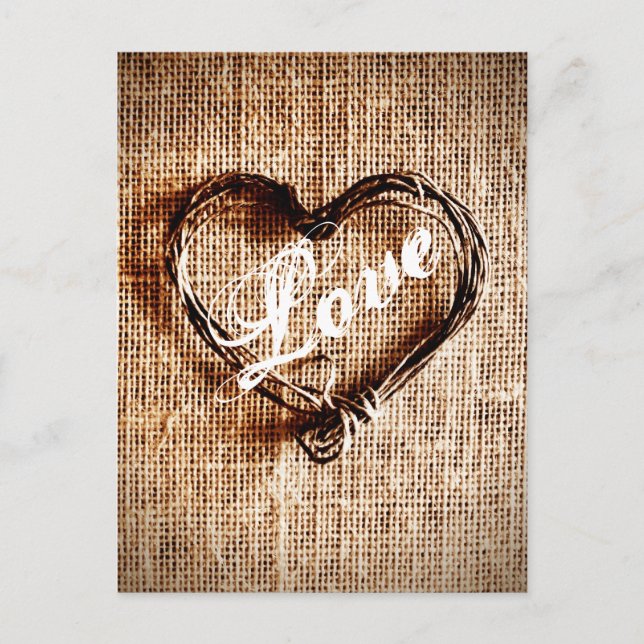 Rustic Twine Heart Burlap Print LOVE Postcard (Front)