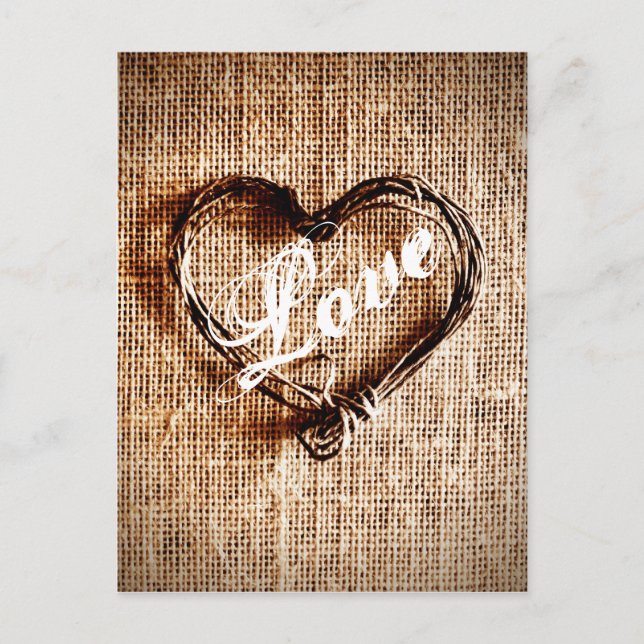 Rustic Twine Heart Burlap Print LOVE Postcard (Front)