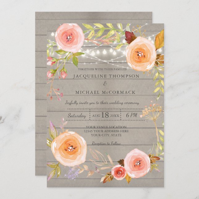 Rustic Twinkle Lights Wedding Floral Wreath Invitation (Front/Back)