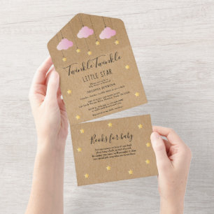 Rustic Twinkle Twinkle Pink Clouds Baby Shower All In One Invitation