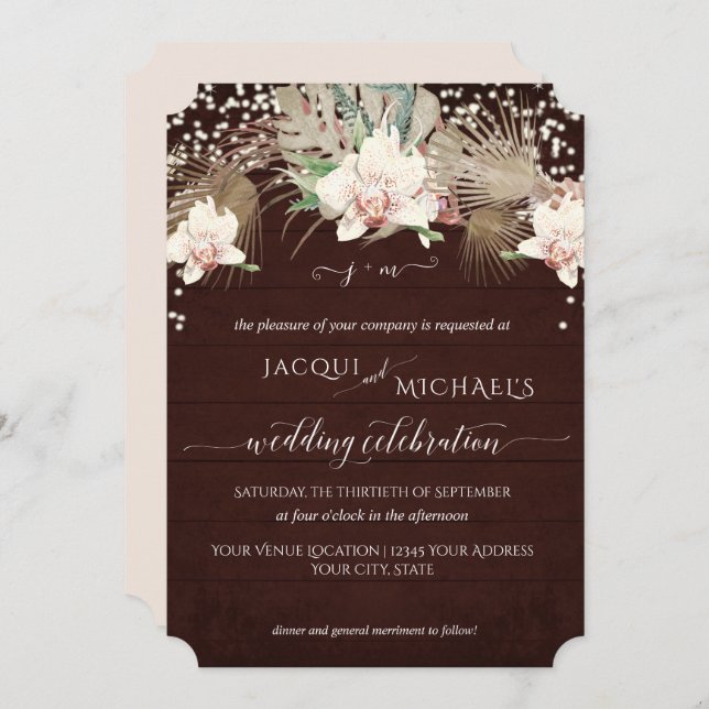 Rustic Twinkle White Orchid Floral Burgundy Wood Invitation (Front/Back)