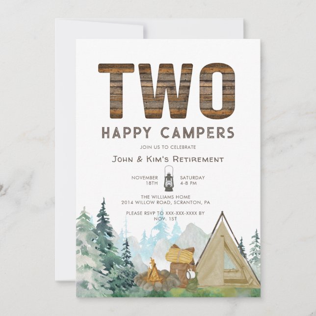 Rustic Two Happy Campers Retirement Invitation (Front)