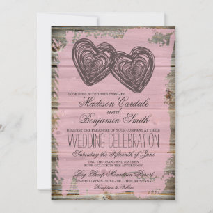 Rustic Two Hearts Barn Wood Pink Wedding Invites