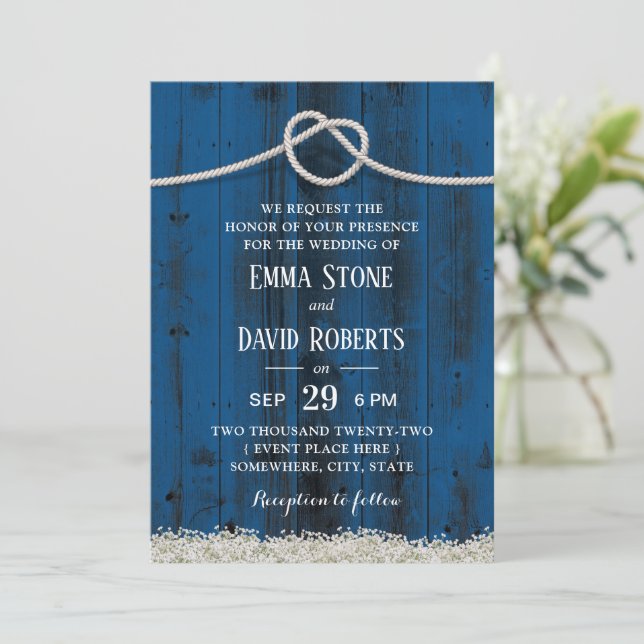 Rustic Tying the Knot Navy Blue Barn Wood Wedding Invitation (Standing Front)