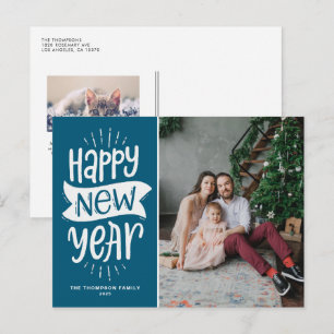 Rustic Typography Blue Happy New Year Photo Holiday Postcard
