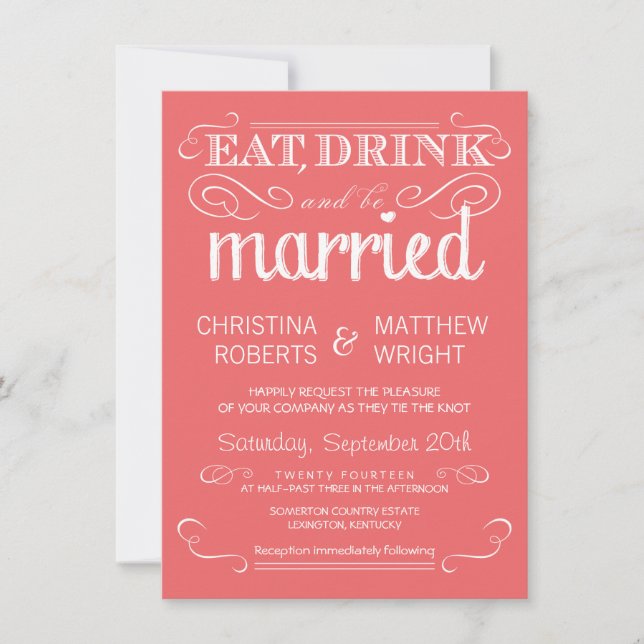Rustic Typography Coral Pink Wedding Invitations (Front)