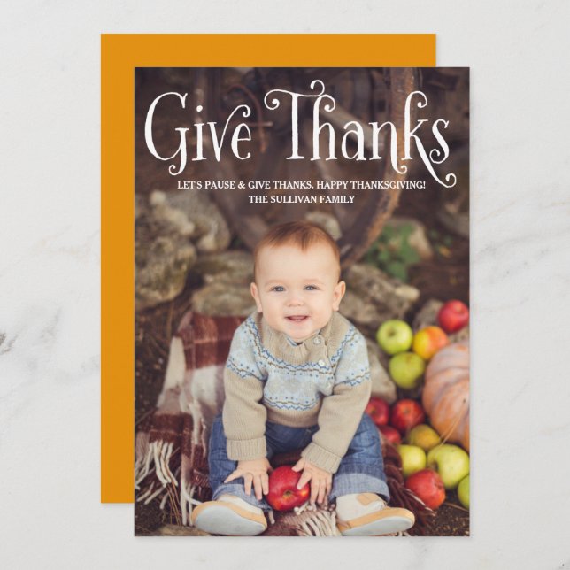Rustic Typography Give Thanks Thanksgiving Photo Holiday Card (Front/Back)