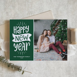 Rustic Typography Green Happy New Year Photo Holiday Card