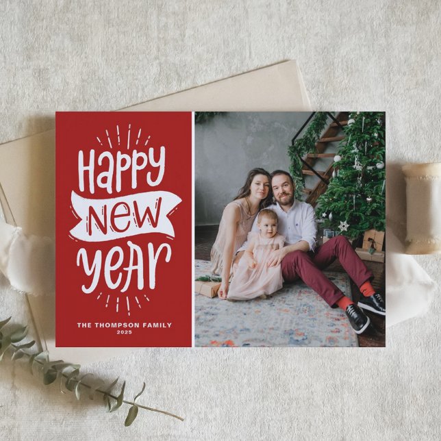 Rustic Typography Red Happy New Year Photo Holiday Card (Creator Uploaded)