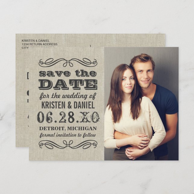 Rustic Typography Wedding Photo Save the Date Announcement Postcard (Front/Back)