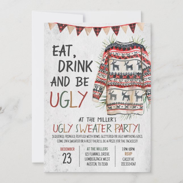 Rustic Ugly Sweater Christmas Party Invitation (Front)