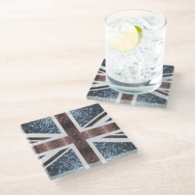 Rustic UK flag red blue sparkles glitters Glass Coaster (Angled)