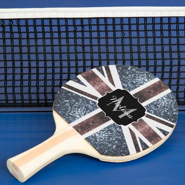 Rustic UK flag red blue sparkles glitters Monogram Ping Pong Paddle (Insitu)