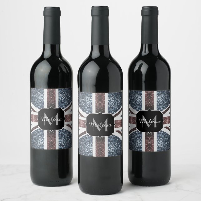 Rustic UK flag red blue sparkles glitters Monogram Wine Label (Bottles)