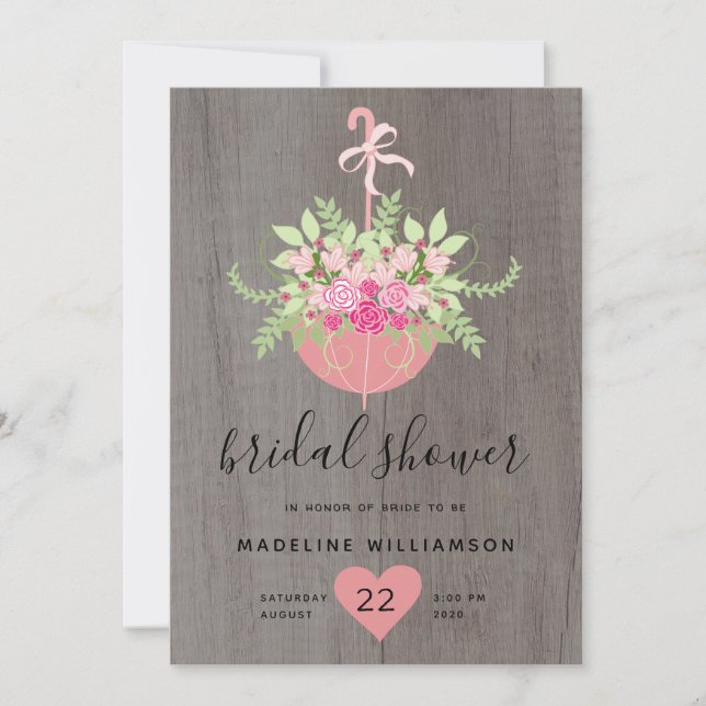 Rustic Umbrella| Roses on Wood Bridal Shower Invitation (Front)